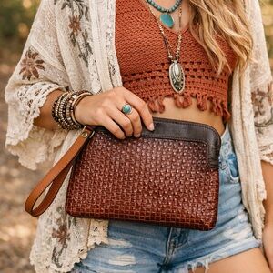 Patricia Nash Woven Brown Leather Wristlet Clutch with Dark Trim